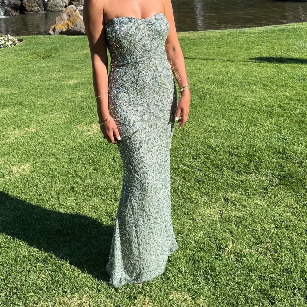 Sage Green Beaded Strapless Evening Gown